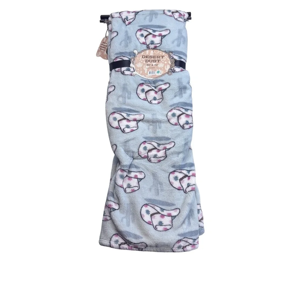 Desert Dust Oversized Throw Blanket Cowboy Hat‎ Cactus Print Cozy Blue 60x70 New